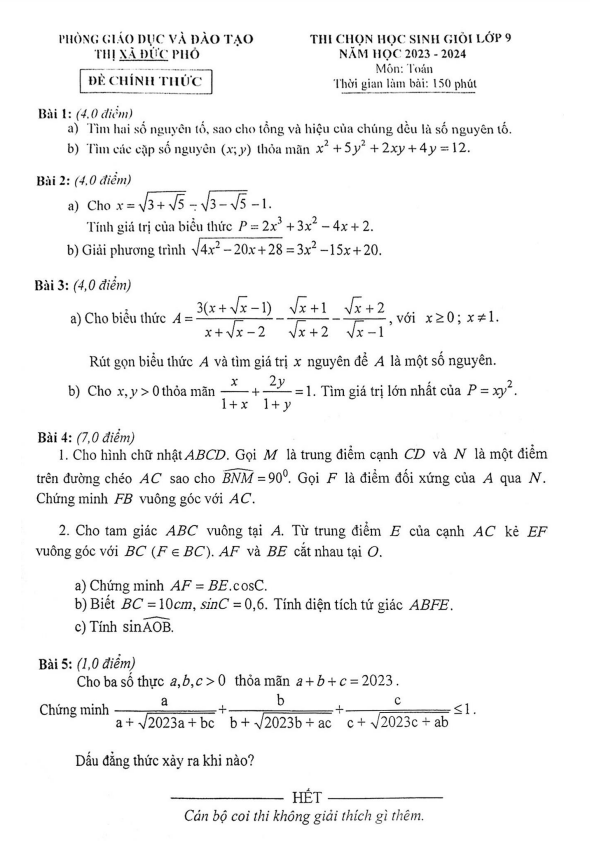 Đề học sinh giỏi Toán 9 năm 2023 – 2024 phòng GD&ĐT Đức Phổ – Quảng Ngãi