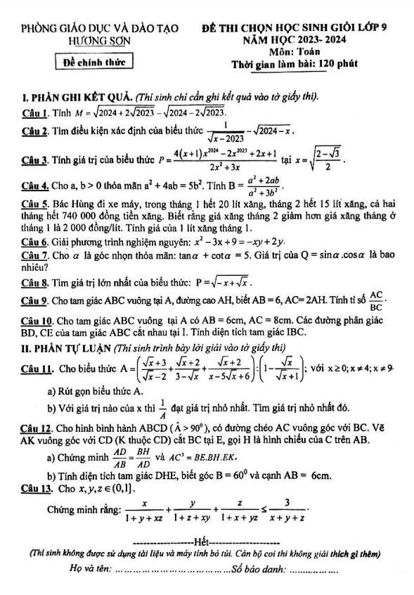 Đề học sinh giỏi Toán 9 năm 2023 – 2024 phòng GD&ĐT Hương Sơn – Hà Tĩnh