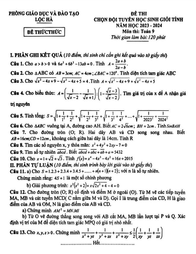 Đề học sinh giỏi Toán 9 năm 2023 – 2024 phòng GD&ĐT Lộc Hà – Hà Tĩnh