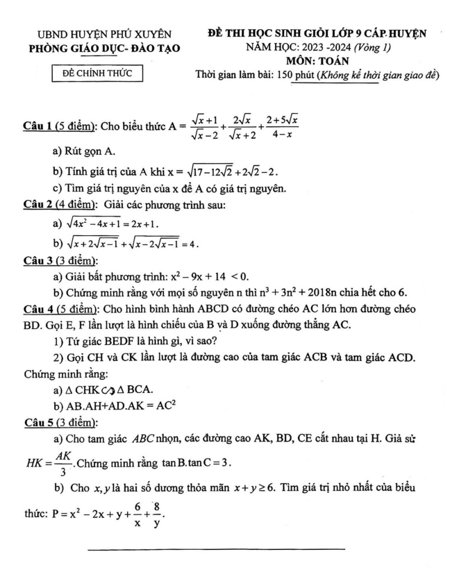 Đề học sinh giỏi Toán 9 năm 2023 – 2024 phòng GD&ĐT Phú Xuyên – Hà Nội (Vòng 1)