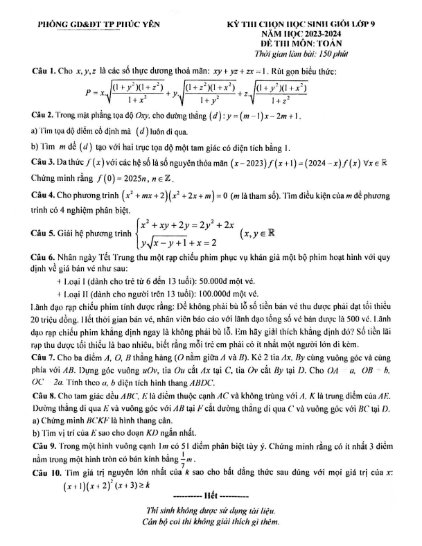 Đề học sinh giỏi Toán 9 năm 2023 – 2024 phòng GD&ĐT Phúc Yên – Vĩnh Phúc