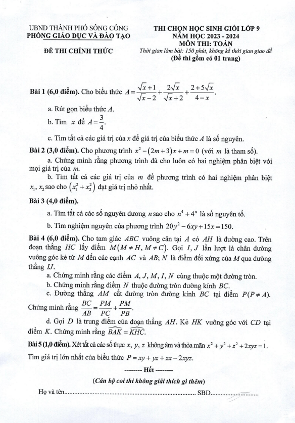 Đề học sinh giỏi Toán 9 năm 2023 – 2024 phòng GD&ĐT Sông Công – Thái Nguyên