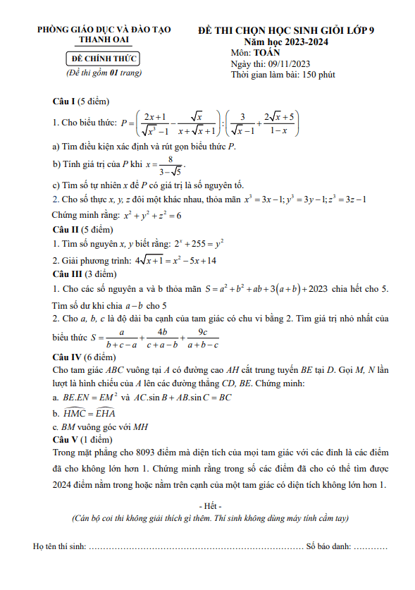 Đề học sinh giỏi Toán 9 năm 2023 – 2024 phòng GD&ĐT Thanh Oai – Hà Nội