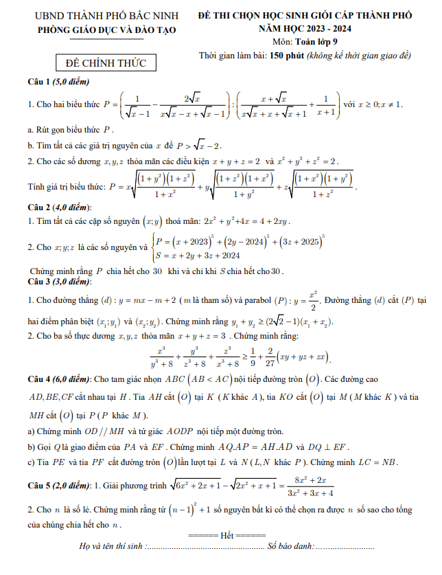 Đề học sinh giỏi Toán 9 năm 2023 – 2024 phòng GD&ĐT thành phố Bắc Ninh