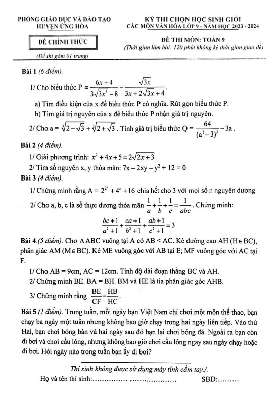 Đề học sinh giỏi Toán 9 năm 2023 – 2024 phòng GD&ĐT Ứng Hòa – Hà Nội