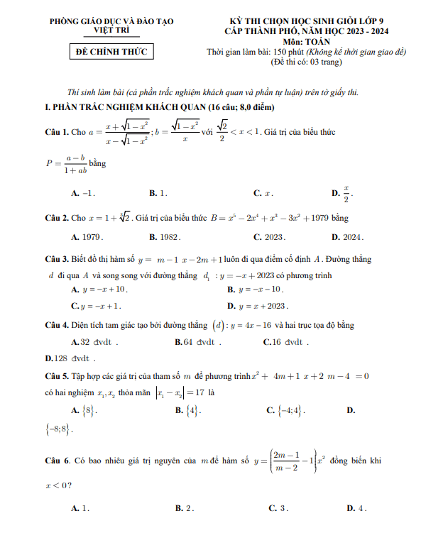 Đề học sinh giỏi Toán 9 năm 2023 – 2024 phòng GD&ĐT Việt Trì – Phú Thọ