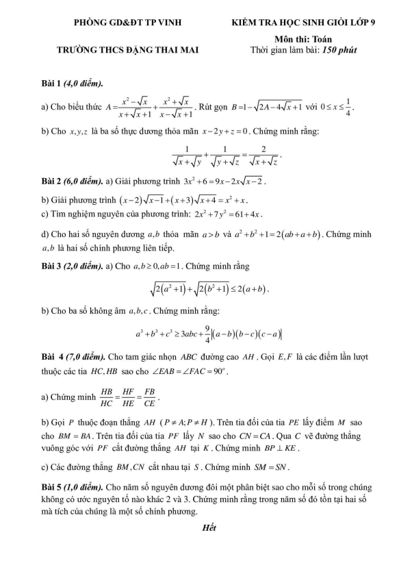 Đề học sinh giỏi Toán 9 năm 2023 – 2024 trường THCS Đặng Thai Mai – Nghệ An