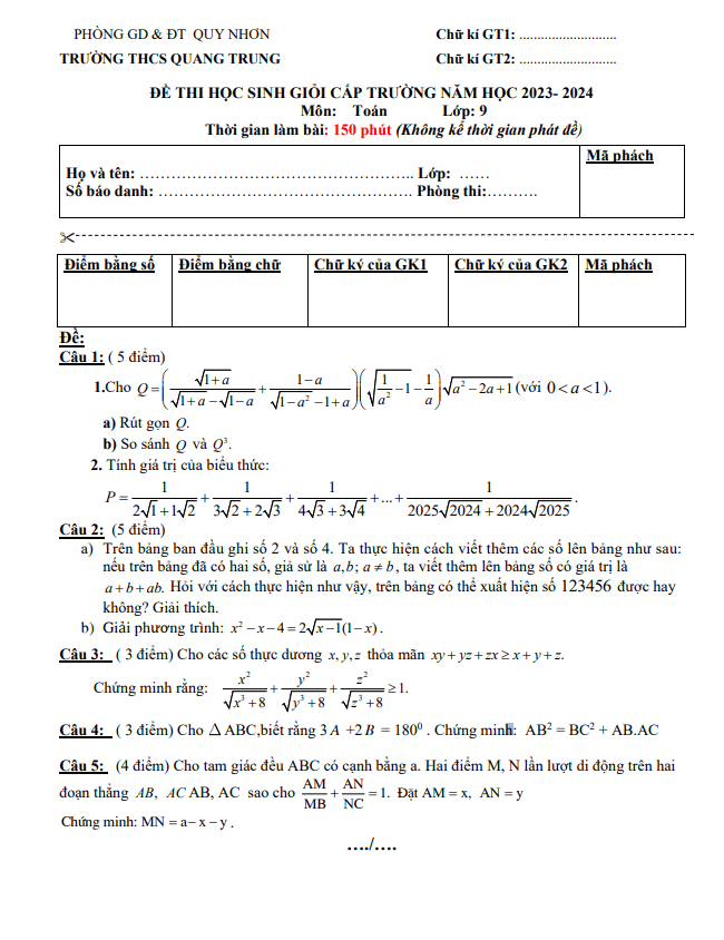 Đề học sinh giỏi Toán 9 năm 2023 – 2024 trường THCS Quang Trung – Bình Định