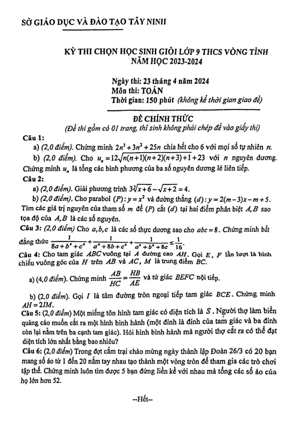Đề học sinh giỏi Toán 9 vòng tỉnh năm 2023 – 2024 sở GD&ĐT Tây Ninh