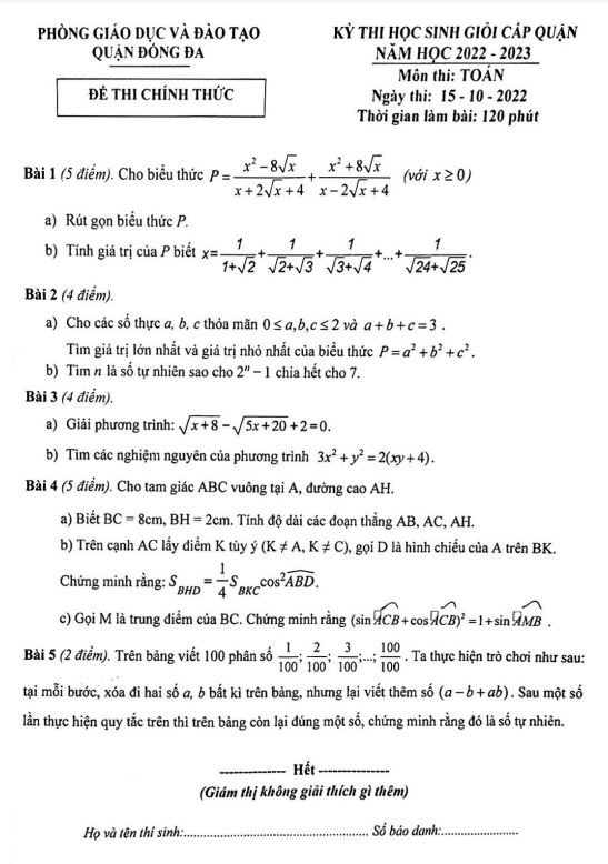 Đề học sinh giỏi Toán cấp quận năm 2022 – 2023 phòng GD&ĐT Đống Đa – Hà Nội