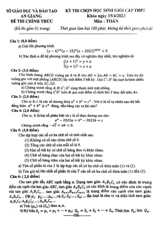 Đề học sinh giỏi Toán cấp THPT năm 2022 – 2023 sở GD&ĐT An Giang