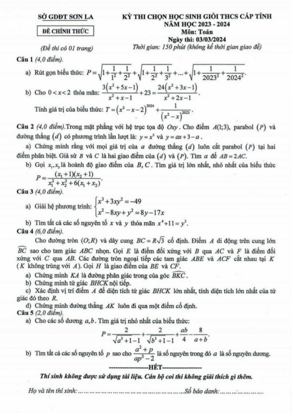 Đề học sinh giỏi Toán THCS cấp tỉnh năm 2023 – 2024 sở GD&ĐT Sơn La