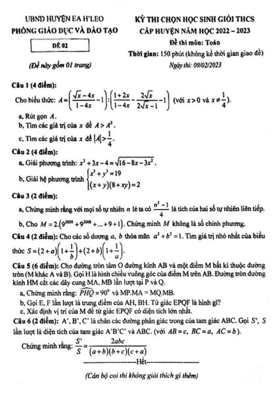 Đề học sinh giỏi Toán THCS năm 2022 – 2023 phòng GD&ĐT Ea H’Leo – Đắk Lắk