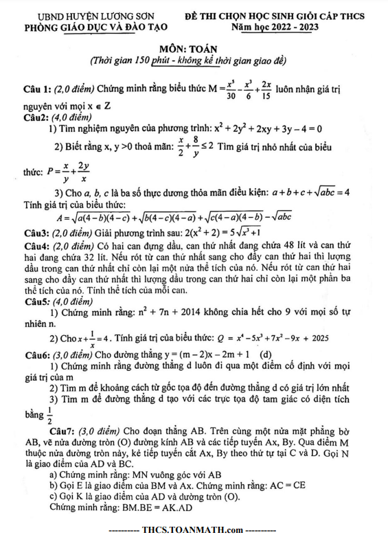 Đề học sinh giỏi Toán THCS năm 2022 – 2023 phòng GD&ĐT Lương Sơn – Hòa Bình