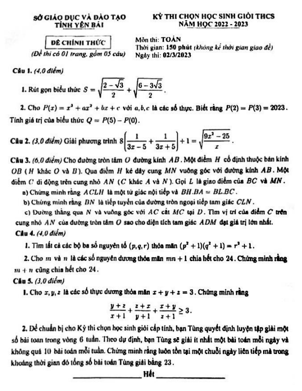 Đề học sinh giỏi Toán THCS năm 2022 – 2023 sở GD&ĐT Yên Bái