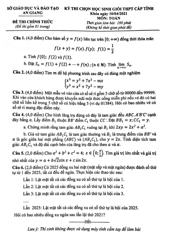 Đề học sinh giỏi Toán THPT cấp tỉnh năm 2020 – 2021 sở GD&ĐT An Giang