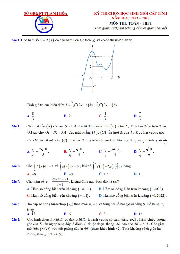 Đề học sinh giỏi Toán THPT cấp tỉnh năm 2022 – 2023 sở GD&ĐT Thanh Hóa