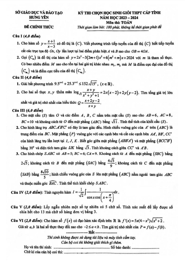 Đề học sinh giỏi Toán THPT cấp tỉnh năm 2023 – 2024 sở GD&ĐT Hưng Yên