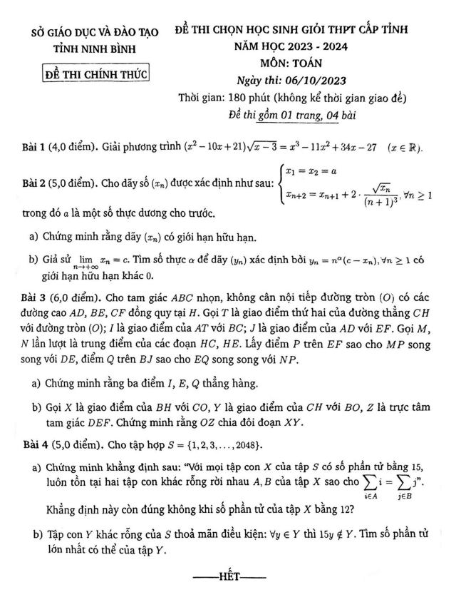 Đề học sinh giỏi Toán THPT cấp tỉnh năm 2023 – 2024 sở GD&ĐT Ninh Bình