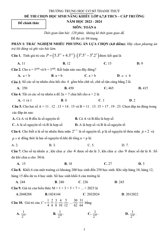 Đề học sinh năng khiếu Toán 6 năm 2023 – 2024 trường THCS Thanh Thủy – Phú Thọ