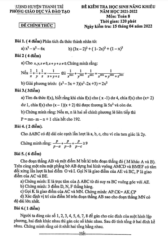 Đề học sinh năng khiếu Toán 8 năm 2021 – 2022 phòng GD&ĐT Thanh Trì – Hà Nội