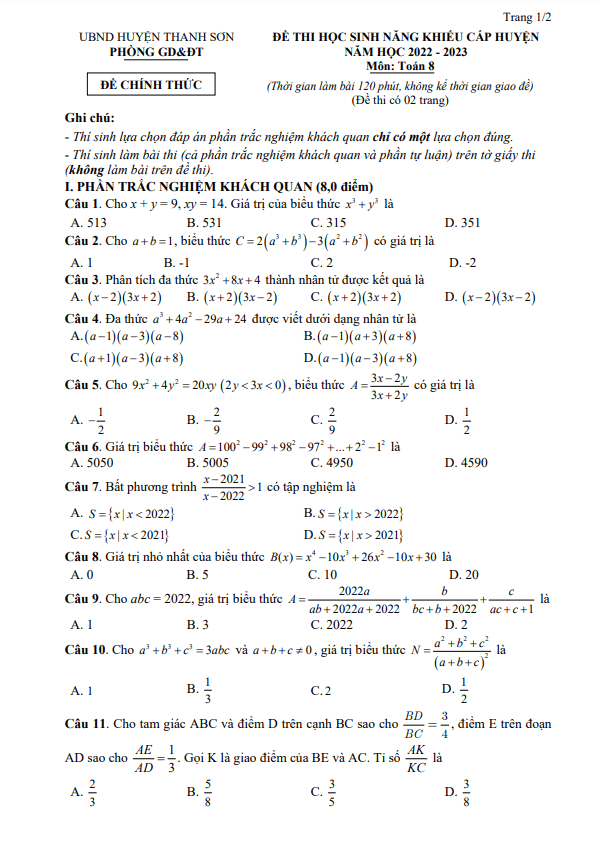 Đề học sinh năng khiếu Toán 8 năm 2022 – 2023 phòng GD&ĐT Thanh Sơn – Phú Thọ