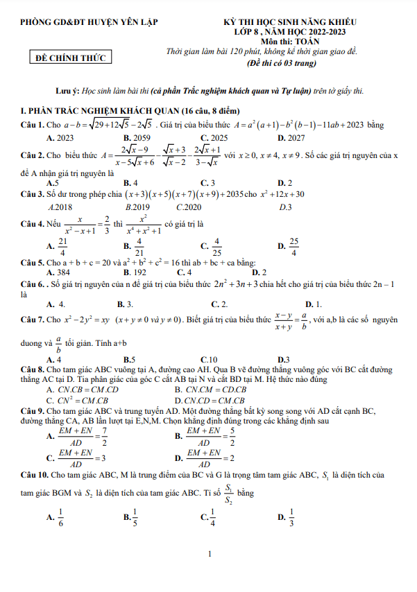 Đề học sinh năng khiếu Toán 8 năm 2022 – 2023 phòng GD&ĐT Yên Lập – Phú Thọ