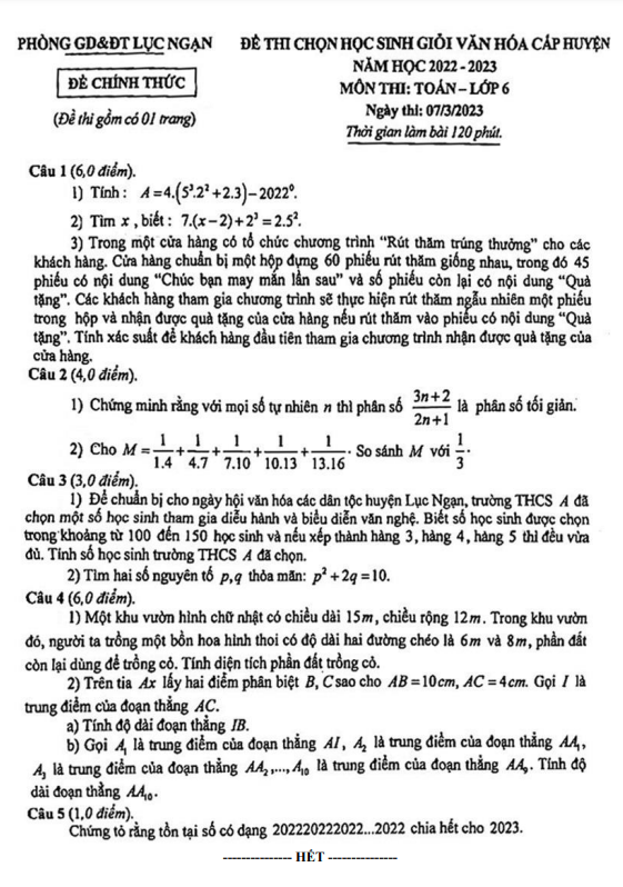 Đề HSG cấp huyện Toán 6 năm 2022 – 2023 phòng GD&ĐT Lục Ngạn – Bắc Giang