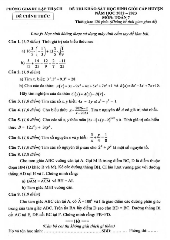 Đề HSG cấp huyện Toán 7 năm 2022 – 2023 phòng GD&ĐT Lập Thạch – Vĩnh Phúc