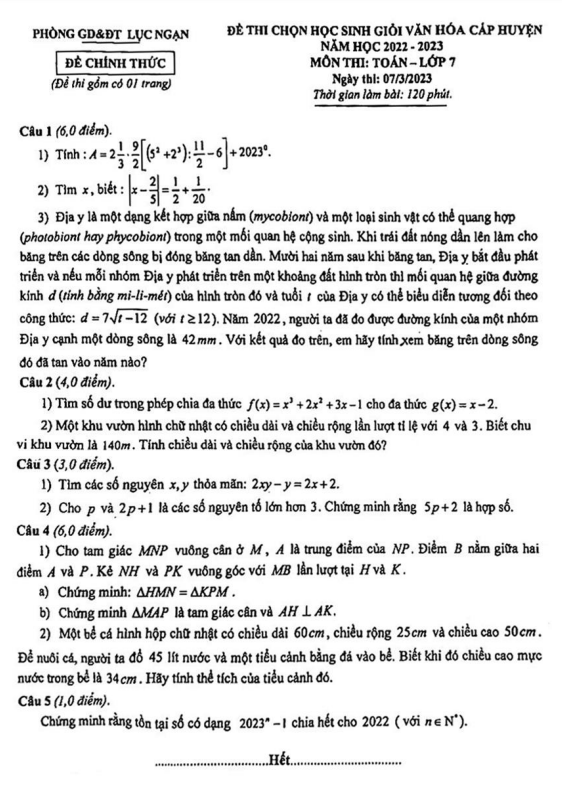 Đề HSG cấp huyện Toán 7 năm 2022 – 2023 phòng GD&ĐT Lục Ngạn – Bắc Giang