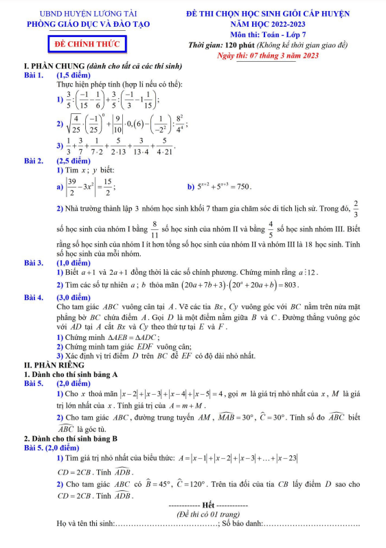 Đề HSG cấp huyện Toán 7 năm 2022 – 2023 phòng GD&ĐT Lương Tài – Bắc Ninh