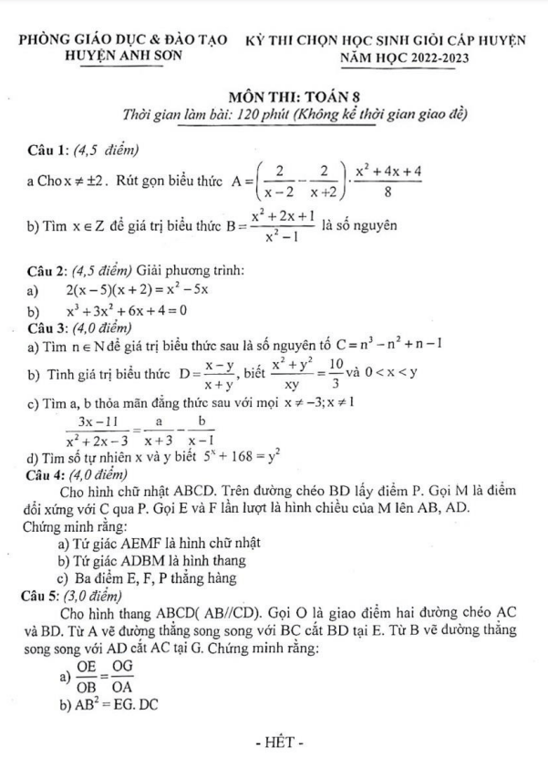 Đề HSG cấp huyện Toán 8 năm 2022 – 2023 phòng GD&ĐT Anh Sơn – Nghệ An