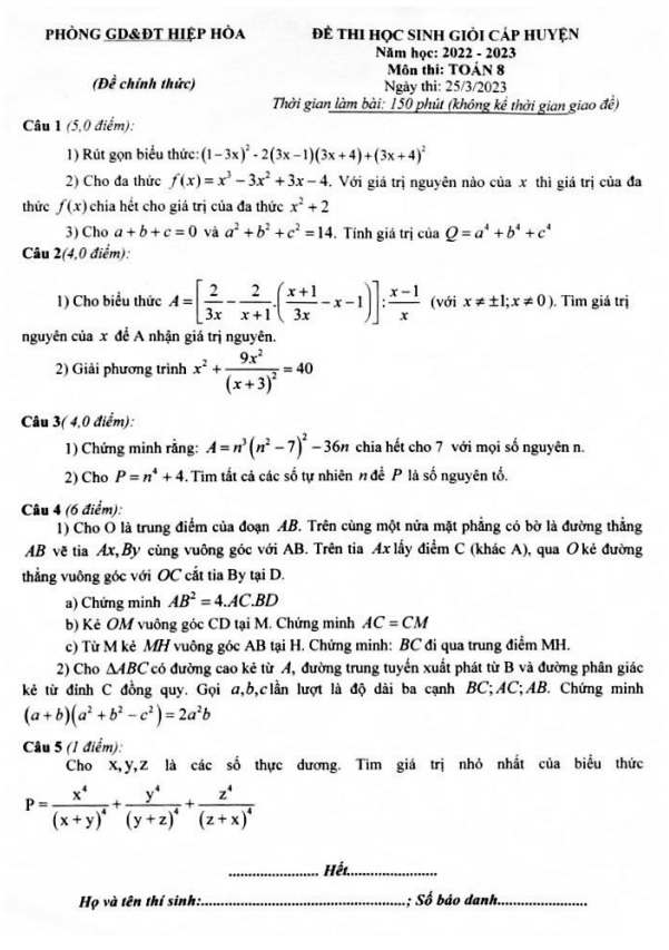 Đề HSG cấp huyện Toán 8 năm 2022 – 2023 phòng GD&ĐT Hiệp Hòa – Bắc Giang