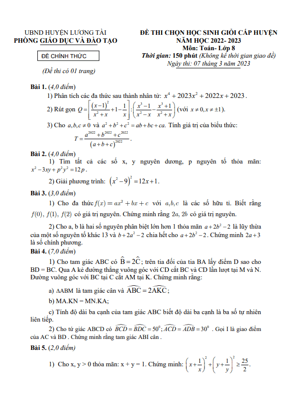 Đề HSG cấp huyện Toán 8 năm 2022 – 2023 phòng GD&ĐT Lương Tài – Bắc Ninh