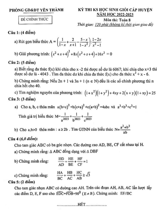 Đề HSG cấp huyện Toán 8 năm 2022 – 2023 phòng GD&ĐT Yên Thành – Nghệ An