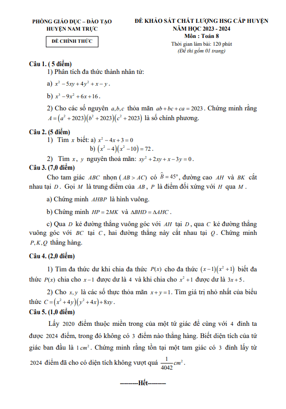 Đề HSG cấp huyện Toán 8 năm 2023 – 2024 phòng GD&ĐT Nam Trực – Nam Định