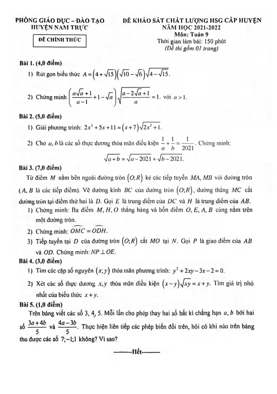 Đề HSG cấp huyện Toán 9 năm 2021 – 2022 phòng GD&ĐT Nam Trực – Nam Định