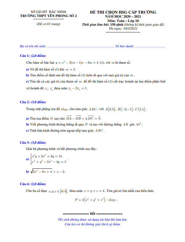 Đề HSG cấp trường Toán 10 năm 2020 – 2021 trường Yên Phong 2 – Bắc Ninh