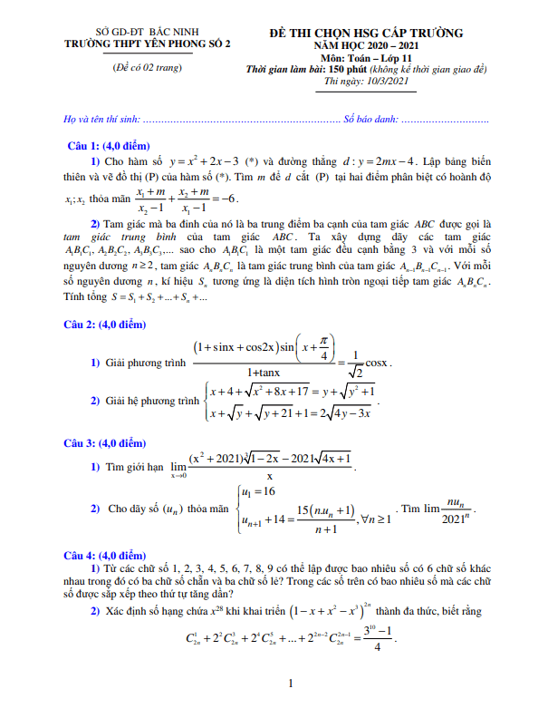 Đề HSG cấp trường Toán 11 năm 2020 – 2021 trường Yên Phong 2 – Bắc Ninh