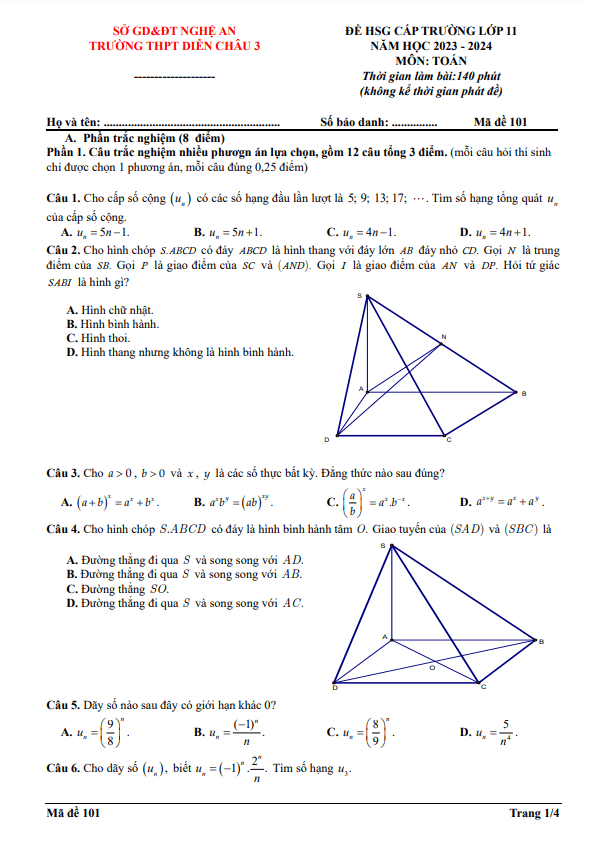 Đề HSG cấp trường Toán 11 năm 2023 – 2024 trường THPT Diễn Châu 3 – Nghệ An