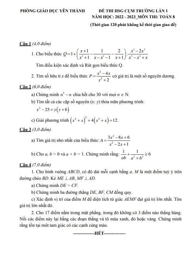 Đề HSG cụm trường lần 1 Toán 8 năm 2022 – 2023 phòng GD&ĐT Yên Thành – Nghệ An