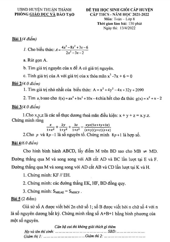 Đề HSG huyện Toán 8 năm 2021 – 2022 phòng GD&ĐT Thuận Thành – Bắc Ninh