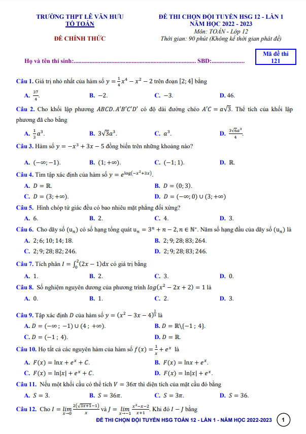 Đề HSG lần 1 Toán 12 năm 2022 – 2023 trường THPT Lê Văn Hưu – Thanh Hóa