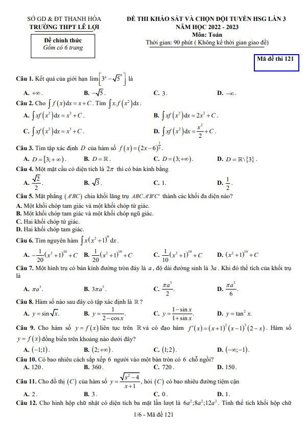 Đề HSG lần 3 Toán 12 năm 2022 – 2023 trường THPT Lê Lợi – Thanh Hóa