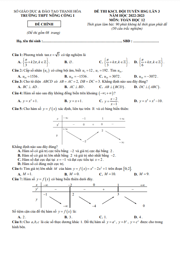 Đề HSG lần 3 Toán 12 năm 2022 – 2023 trường THPT Nông Cống 1 – Thanh Hóa