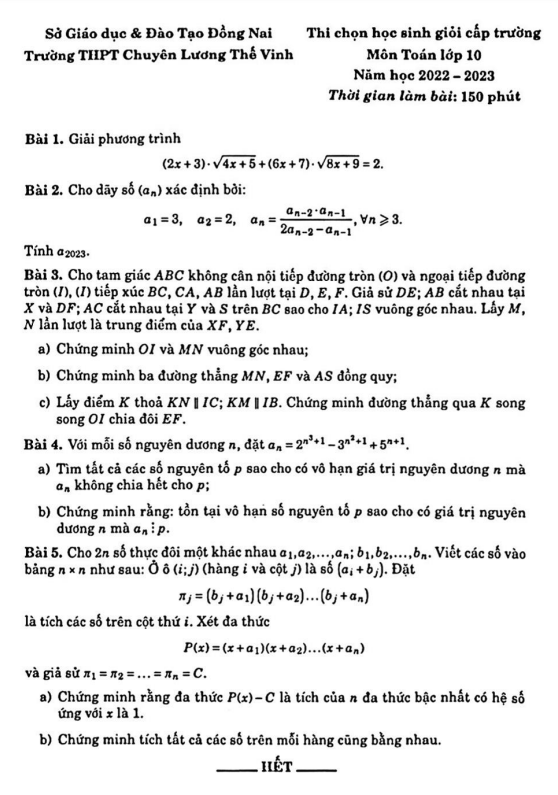 Đề HSG Toán 10 năm 2022 – 2023 trường chuyên Lương Thế Vinh – Đồng Nai