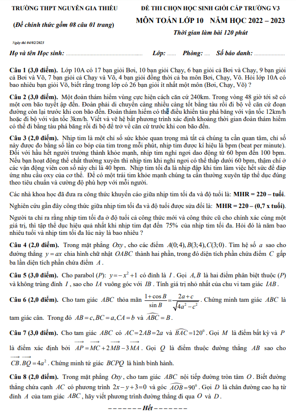 Đề HSG Toán 10 vòng 3 năm 2022 – 2023 trường THPT Nguyễn Gia Thiều – Hà Nội