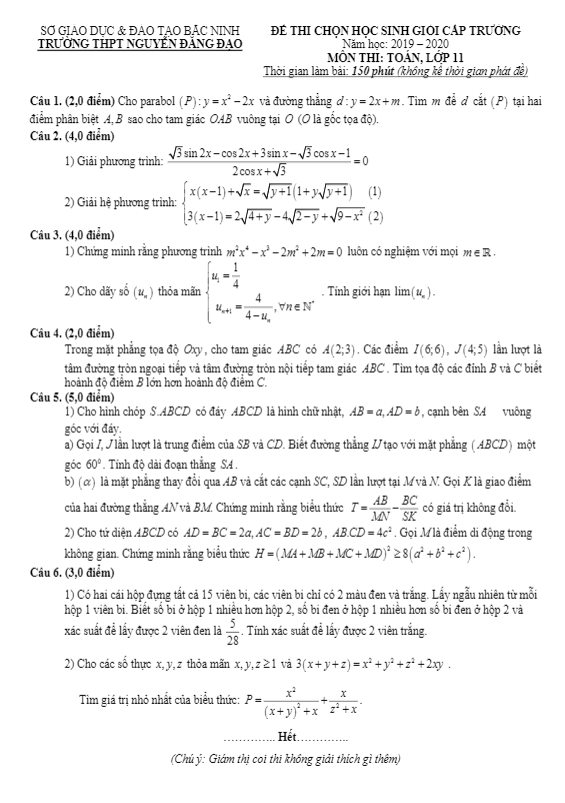 Đề HSG Toán 11 cấp trường năm 2019 – 2020 trường Nguyễn Đăng Đạo – Bắc Ninh