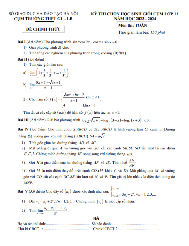 Đề HSG Toán 11 năm 2023 – 2024 cụm trường THPT Gia Lâm & Long Biên – Hà Nội