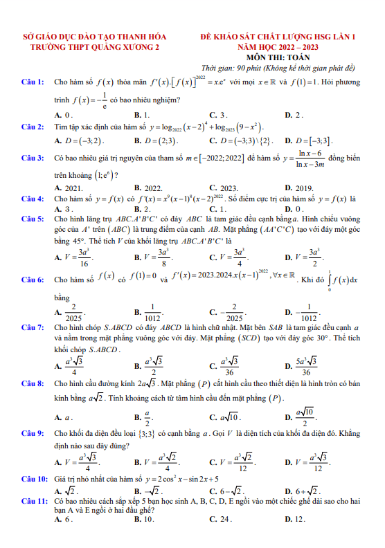 Đề HSG Toán 12 lần 1 năm 2022 – 2023 trường THPT Quảng Xương 2 – Thanh Hóa